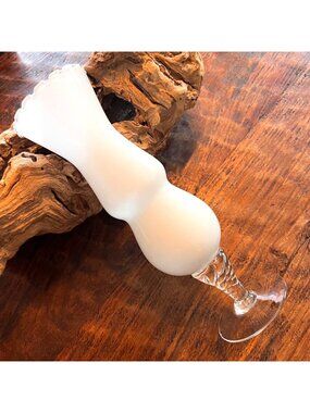 Vintage Handblown White Milk Glass Vase With Clear Twisted Stem 9 Inches Tall Ru